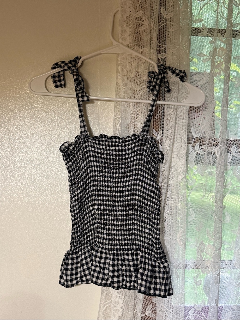 Black & White Gingham Tie-Shoulder Smocked Tank Top